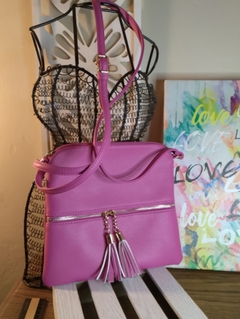 Fuchsia Crossbody Bag with Tassel Accent